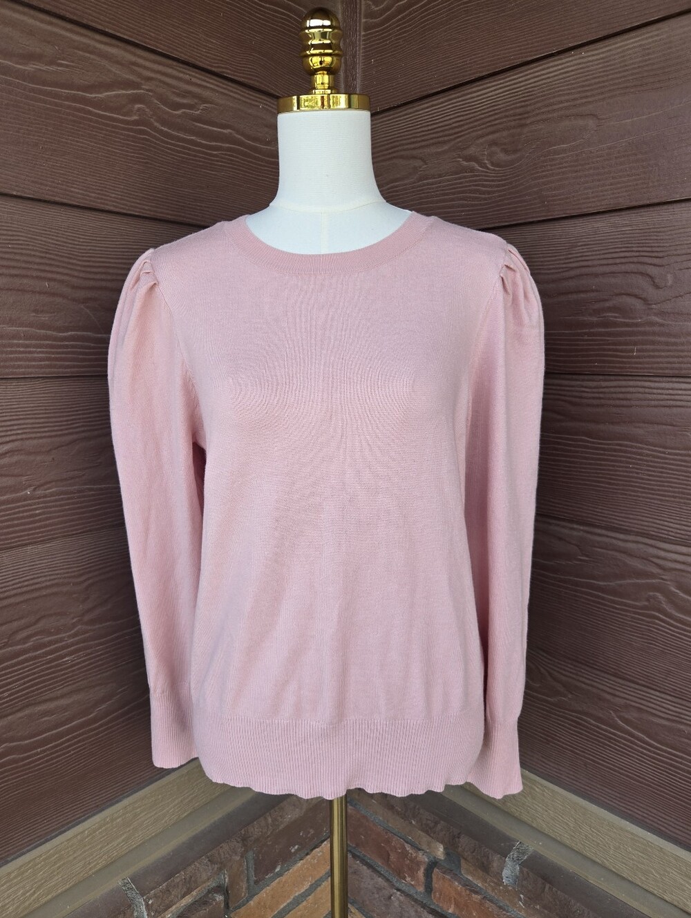 Marled Pink Puff‑Sleeve Crewneck Sweater – Women’s Large
